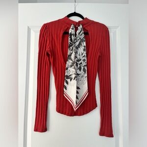 Free People ❤️Thermal Long Sleeve Red Shirt with Scarf tie in back